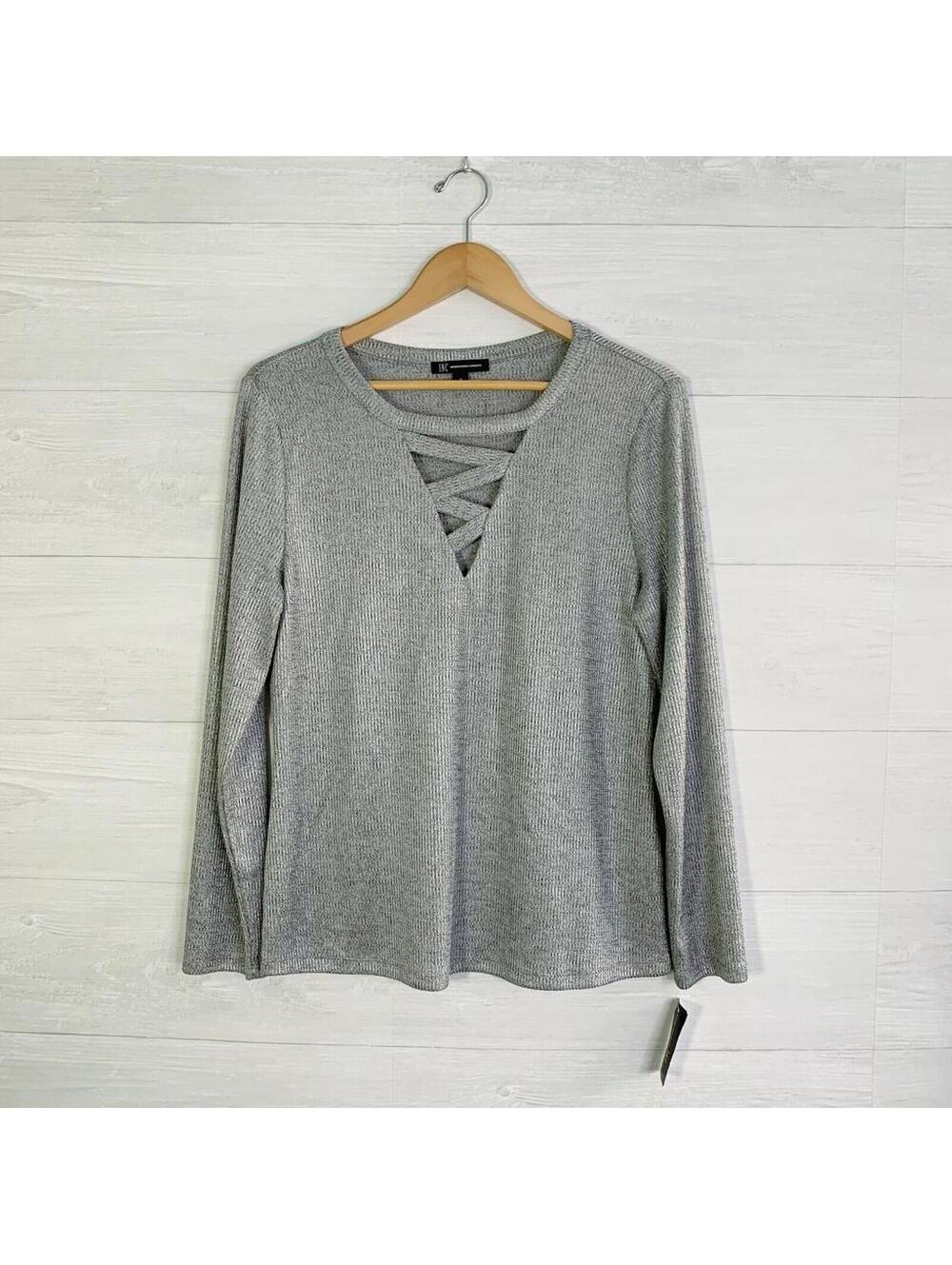 NWT INC International Concepts Silver Ribbed Cutout Neck Long Sleeve Top XL